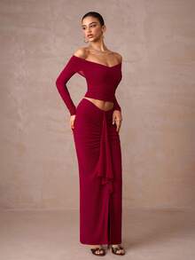 Lumalex Winter Fall 1pc Women's Open Shoulder Ruched Mesh Flare Sleeve Bodycon Two Pieces Set Outfit Two Piece Long Skirt Set Formal Luxury Prom Gathering Party Banquet Modest Old Money Glitter Holiday Party Rave Festival Outing Vacation Hot Outdoor Richly Layered Wedding Season Banquet ID Al-Adha Al-Adha Party New Year Looks Of Party Party Dress For Autumn - Redwood - View 4