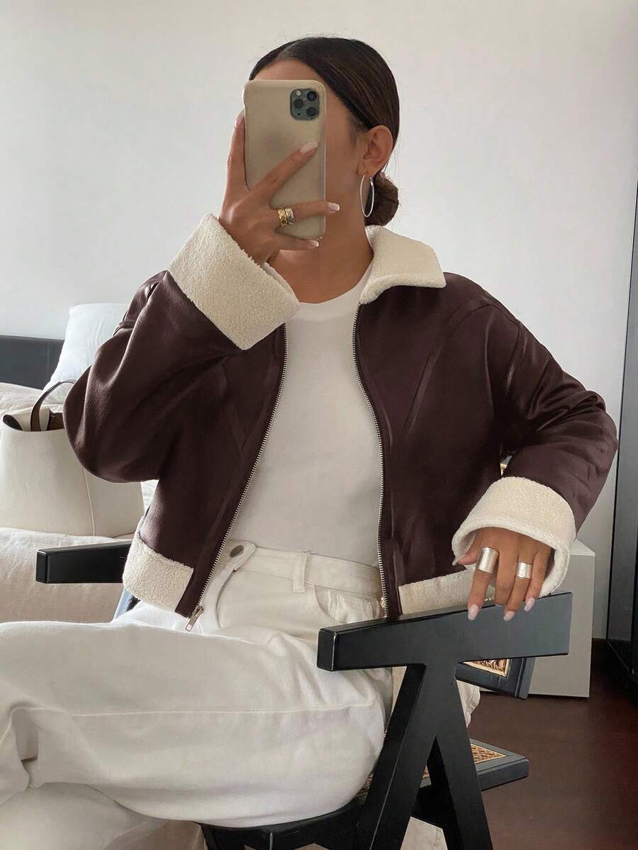 Siren Gaze Women's Zipper Closure Faux Fur Collar PU Leather Jacket, Long Sleeve, Autumn/Winter,Fall,Brown Jacket Casual - Coffee Brown - View 1