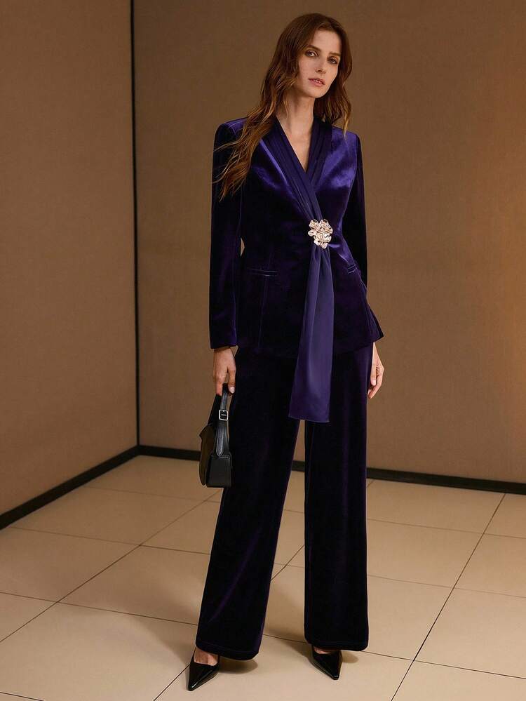 VELVET SOLID SLANT POCKET WIDE LEG SUIT PANTS