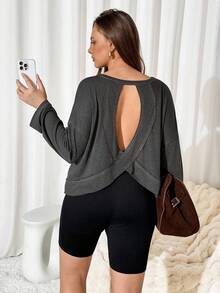 Auralis 2pcs Plus Size Women Solid Color Cutout Back Dropped Shoulder Long Sleeve T-Shirt And Shorts Set - Multicolor - View 7