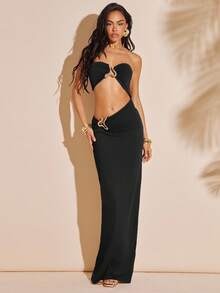 Hauture Váy maxi jersey xẻ eo bất đối xứng, chi tiết trang trí vàng - màu đen - Xem 4