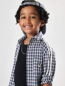 SUMWON Kids Checkered Long Sleeve Button Down Casual School Uniform Comfortable Preppy Classic Regular Fit Navy Plaid Shirt With Logo Badge Fall Winter - Royal Blue - View 4