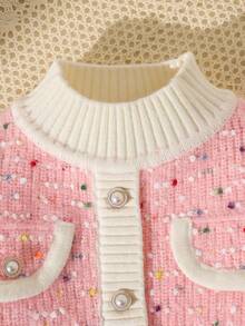 SHEIN Cárdigan de punto de manga larga con cuello redondo, color rosa con contraste blanco, cálido para niñas - Rosa - Ver 4