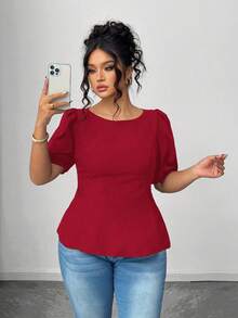 Elenzga Áo cánh tay ngắn thắt nơ màu trơn cỡ lớn thanh lịch thường ngày cho nữ, mùa hè - Màu Đỏ Sâu - Xem 5