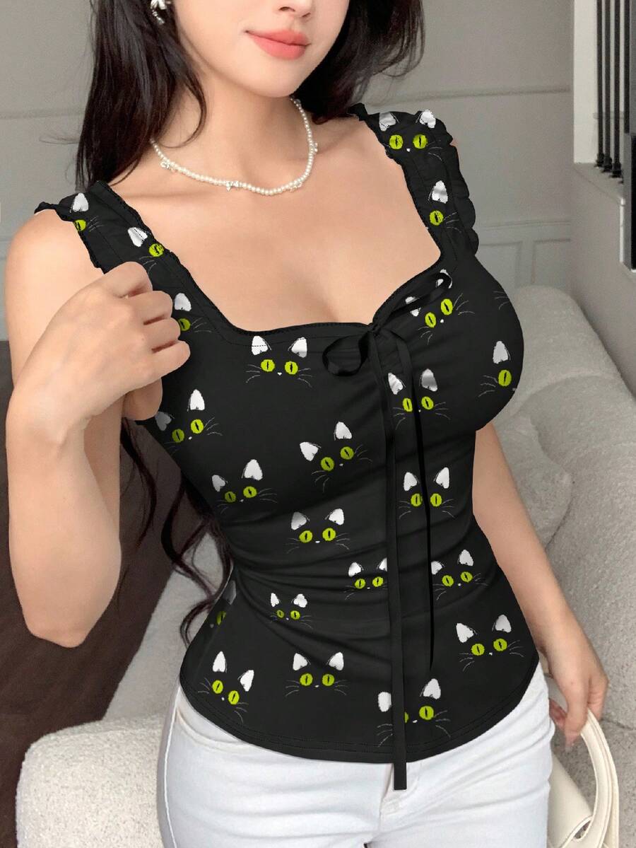 Modelyn 休闲女式无袖上衣，带有可爱猫咪印花，夏季万圣节服装黑色紧身胸衣上衣夏季上衣可爱上衣女式上衣猫咪印花上衣 - 彩色 - 查看 1