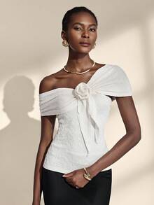 Almamuse Camiseta de mujer con flor 3D de cinta de punto jacquard - Multicolor - Ver 4