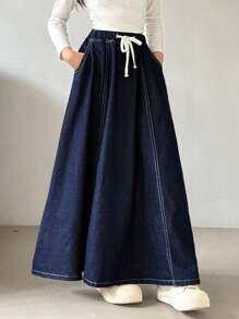 Tween 女童系带抽绳口袋拼接深蓝色牛仔宽松半身裙 - 深色水洗藍 - 查看 6