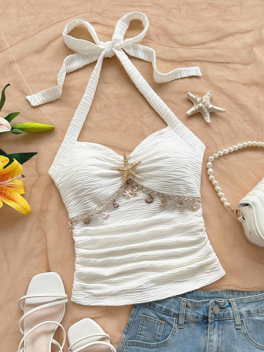 Soleia Women's Vacation Halter Tie Starfish Shell Decor Lace V-Neck Floral Metal Buckle White Knit Textured Fitted Tank Top, Sexy Slim Fit Fashion Blouse For Party, Date, Cruise, Holiday, Beach, Music Festival, Boho Vacation White Seashell Top White Beach Top Seashell Halter Top White Halter Top White Beach For Women Seashell Basic Tops