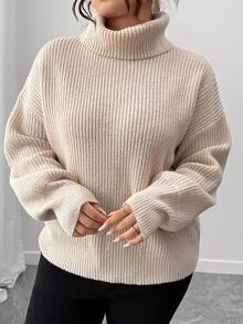 Elenzga Plus Size Women's Solid Color High Neck Dropped Shoulder Long Sleeve Casual Loose Sweater Fall Winter Cloth For Women Autumn - Apricot - View 7
