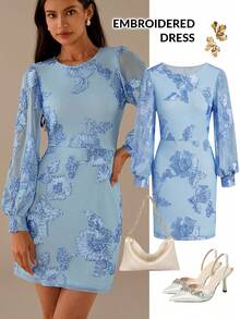 Lilora Vestido Elegante de Manga Longa com Gola Redonda, Jacquard Floral em Tela para Mulheres - Azul - Visão 9