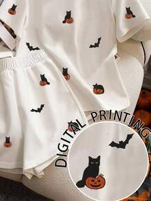 Resyla Bộ 2 món áo thun tay ngắn cổ tròn in hình quả bí ngô dành cho nữ và quần short thường ngày - trắng - Xem 5