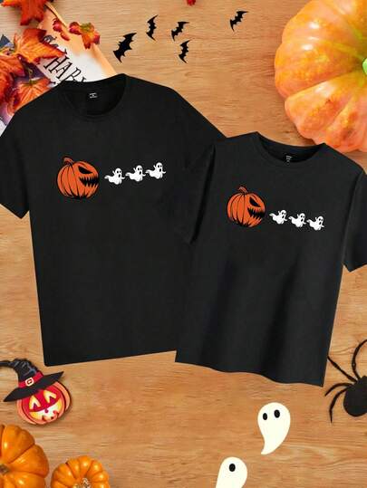 Manfinity Roghcode Fashionable Casual Young Casual Halloween Pumpkin Monster & Ghost Funny Graphic Print Couple T-Shirt, Slim Fit Short Sleeve Tee For Men, Suitable For Holidays, Dates, Gatherings, Parties, Couple, Family Matching, Great Gift For Boyfriend/Husband Black Graphic Ghost Tee Matching Couple Halloween Pumpkin Tee