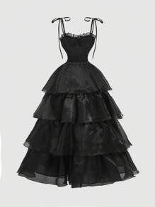 SHEIN MOD 复古黑色华丽二合一连衣裙，配有可拆卸多条裙摆 - 宫廷风、生日礼服、邮轮礼服、叠穿礼服、婚礼宾客礼服