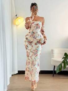 Vavine 女式优雅 3D 网眼印花荷叶边腰身开衩连衣裙 - 杏色 - 查看 4