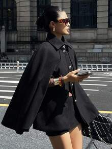 DAZY Women's Loose Solid Color Cloak Shawl Elegant Vintage Overcoat, Autumn/Winter Jacket - Black - View 1