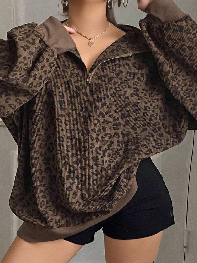 Dazy Plus Plus Size Women Quarter Zip Leopard Print Long Sleeve Pullover Sweatshirt, Street Style Sweatshirt Fall/Winter