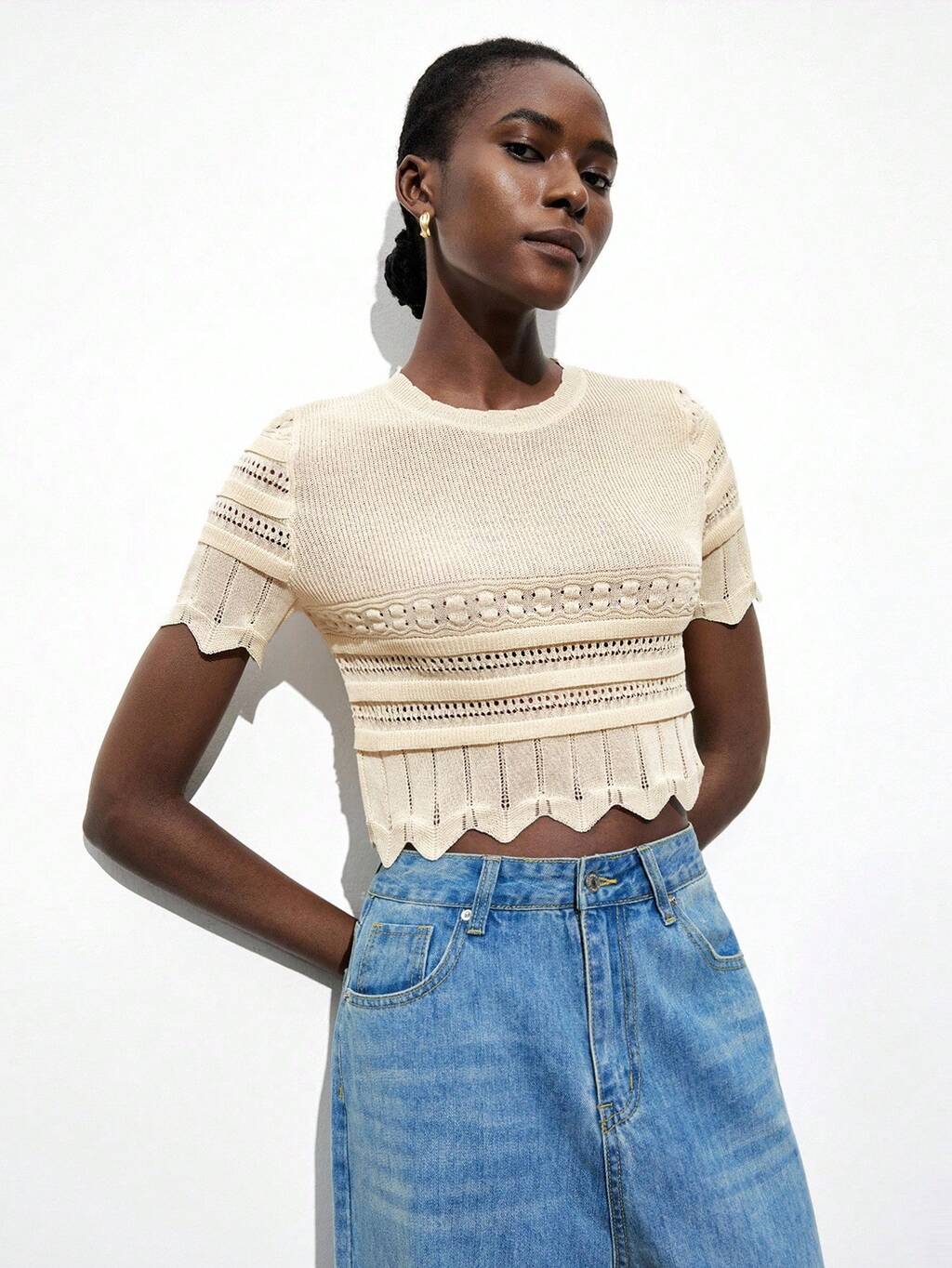 SHEIN Maija Casual Short Sleeve Crew Neck Sweater For Women, Suitable For Everyday Wear Beach For Women Casual Blouses For Women