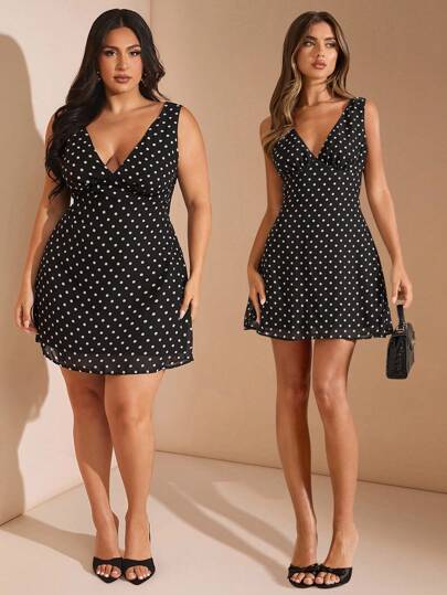 SHEIN BAE Christmas Plus Size Black Polka Dot Print V-Neck Sleeveless A-Line Fitted Mini Dress For Women, Vacation Dress, Polka Dot Dress, Spring/Summer/ Black Polka Dot Dress/ Low Cut Dress Plus Size Costume/Wedding Guest Dress