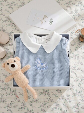 Souflis 2pcs Baby Boy Autumn New Fashion Lapel Long Sleeve Top & Cute Horse Print Sleeveless Jumpsuit Set Fall Winter
