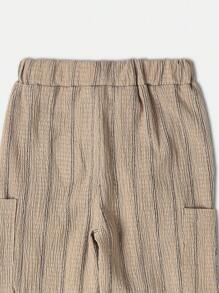 SUMWON Toddler Linen Feel Pull On Pants Striped Beach Casual Summer Vacation Resort Wide Leg Comfortable Wear With Side Patch Pockets Daily Wear - Brown - View 4