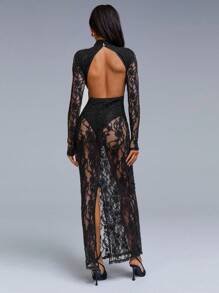 Athîral 女士长袖花朵蕾丝露背性感连衣裙 - 黑色 - 查看 2