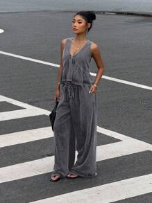 Muchica Bộ đồ lót và quần dài cổ chữ V họa tiết bông tuyết cổ điển dành cho nữ, mùa hè - Xám - Xem 5