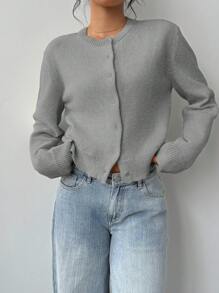 SHEIN BASICS 女款休閒純色圓領寬鬆短版長袖開襟針織外套，冬季外套 - 灰色 - 查看 5