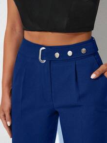 SHEIN Cottnline Túi bên Thắt lưng Dài Quần - Xanh đậm - Xem 3