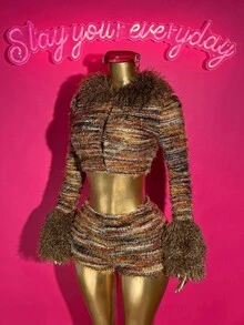 Slaydiva Women's Autumn Y2K Brown Striped Furry Texture Leopard Splicing Long Sleeve Cropped Top & Mini Shorts 2 Pieces Set, Nightclub Concert Party Outfit - Multicolor - View 7