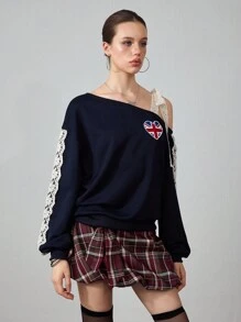 ROMWE Avant Women's Flag Print Contrast Lace Oblique Shoulder Long Sleeve Casual Sweatshirt - Navy Blue - View 5
