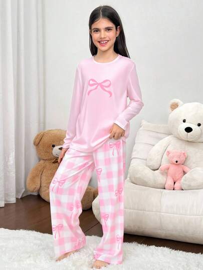 SHEIN 2 件套青少年女孩休闲睡衣套装，可爱蝴蝶结格子图案圆领长袖 T 恤和宽松裤子，舒适的针织家居服，适合秋冬季