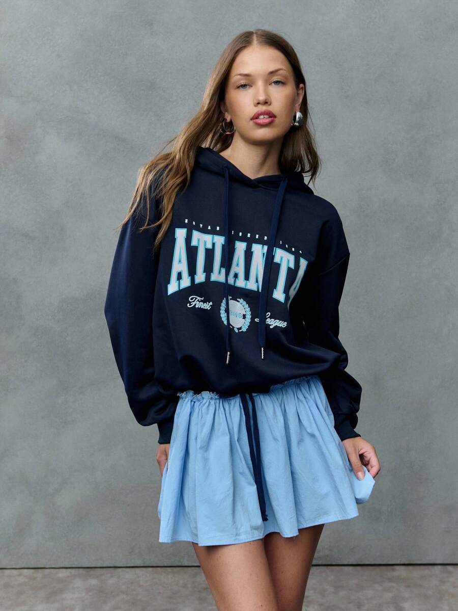 SHEIN Unity This Oversized "Atlanta" Hoodie Paired With A Light Blue Skirt Is Your Go-To For Cozy Back To School Outfits Women Swear By. Comfortable, Stylish, And Layered To Perfection, Ideal For Classroom Chill Or Post-Class Plans. - Navy Blue - View 1
