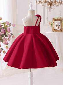 SHEIN Young Girl Cute,Elegant Floral One Shoulder Ruffle Ball Gown Short Prom Dress, Suitable For Homecoming, Birthday, Spring, Summer, Party, Red Dress Kids., Elegant Dress Kids - Red - View 3
