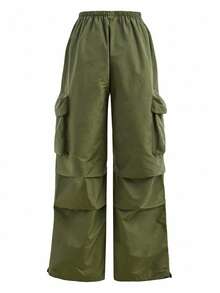 SHEIN Loose Casual Comfortable Mid-Waist Cargo Pocket Straight Leg Pants For Teen Girls Fall Winter - Army Green - View 6