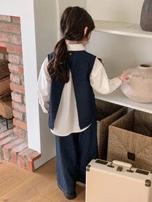 2件套 女童圆领韩版无袖衬衫背心+休闲牛仔裤套装 - 藍色 - 查看 6