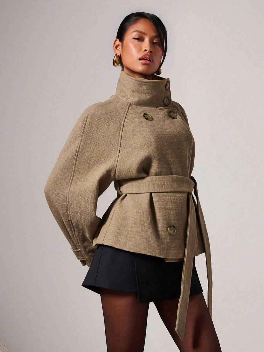 COSMINA Women's Elegant High Collar Tie-Up Regular Jacket, Autumn/Winter,Fall - Khaki - View 1