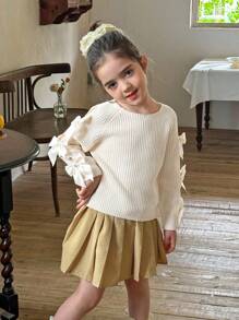 LMoss Kids LMoss Young Girl Solid Color Round Neck Bow Decor Casual Sweater, Fall Sweaters, Young Girl Fall Clothes Stitich Winter - White - View 6
