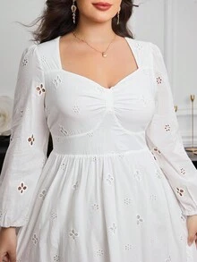 Modelyn Plus Size Women Hollow Embroidered Solid Color Slimming Elegant Dress Fall Cloth For Women - White - View 7