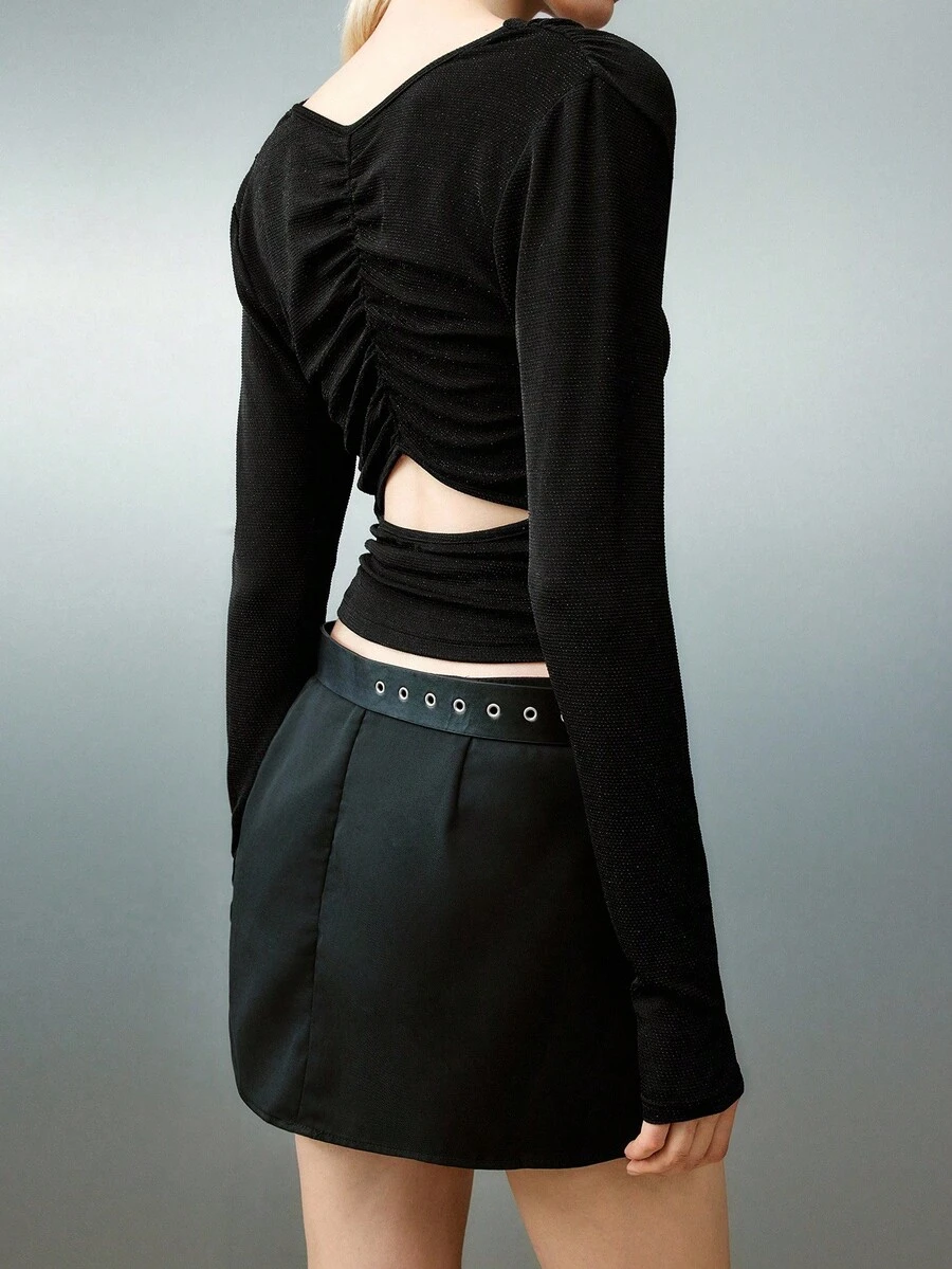 Airlisse Women's Elegant Sexy Draped Neck Sequin Ruched Cropped Top, Black - Black - View 1