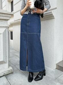 K-Vae Women's Autumn Dark Denim Blue Fashion Slit Long Straight Denim Skirt,Fall Outfits Women , Going Out Outfits,Old Money,Homecoming, Going Out Outfits ,Business Casual Woman