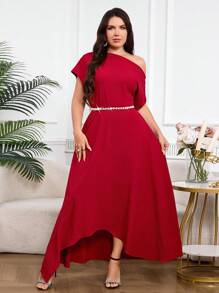 Modelyn Sukienka damska w jednolitym kolorze, asymetryczny dekolt, krótki rękaw, elegancka, plus size - Burgund - Zobacz 6