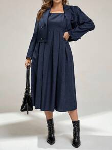 Auralis Plus Size Women's Navy Blue Summer Elegant Semi Formal Suit Set,Long-Sleeved Jacket & Suspender Dress,Business Casual Work Wear Office Fall Outfits - Blue - View 6