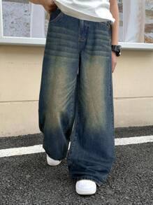 SHEIN Little Byeori 适合青少年男孩的时尚休闲Y2K黑色牛仔滚边舒适宽松牛仔裤，柔软舒适，适合日常穿着，四季皆宜。童装秋冬款