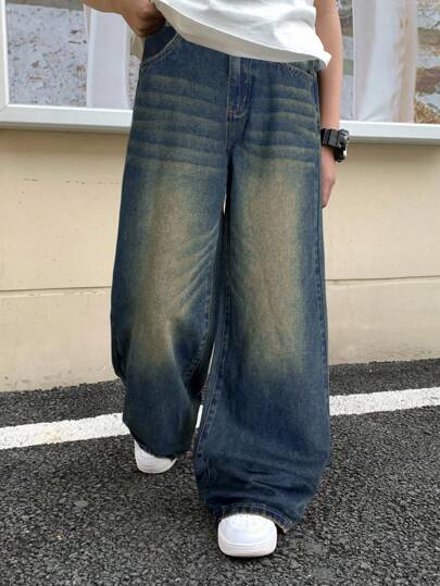 SHEIN 适合青少年男孩的时尚休闲Y2K黑色牛仔滚边舒适宽松牛仔裤，柔软舒适，适合日常穿着，四季皆宜。童装秋冬款