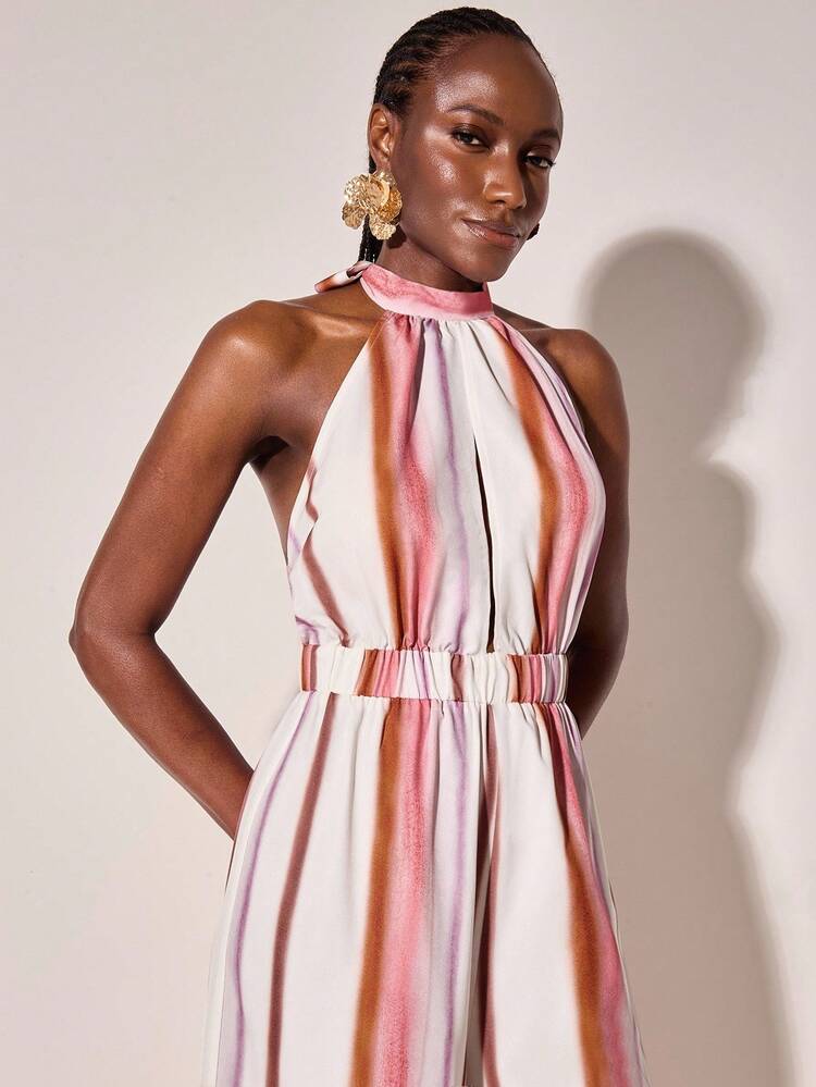 CAJUNI Women's Casual Vacation Ombre Striped Halter Jumpsuit  Elegant Jumpsuit For Women Elegant Jumpsuit For Women - Multicolor - View 4