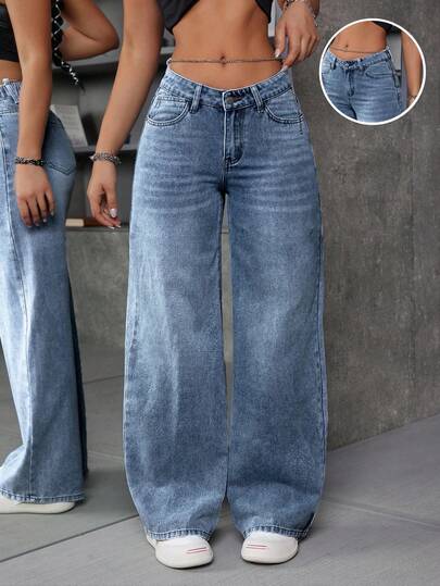 SHEIN ICON 大码女式时尚街头低腰链条装饰宽松阔腿牛仔裤