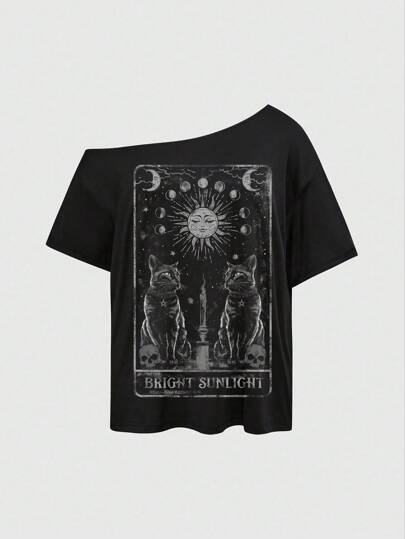 Goth Dark Mysterious Gothic Witch Cat Moon Star Skull Print Sexy Asymmetrical Neck Basic Vintage Plus Size Black T-Shirt