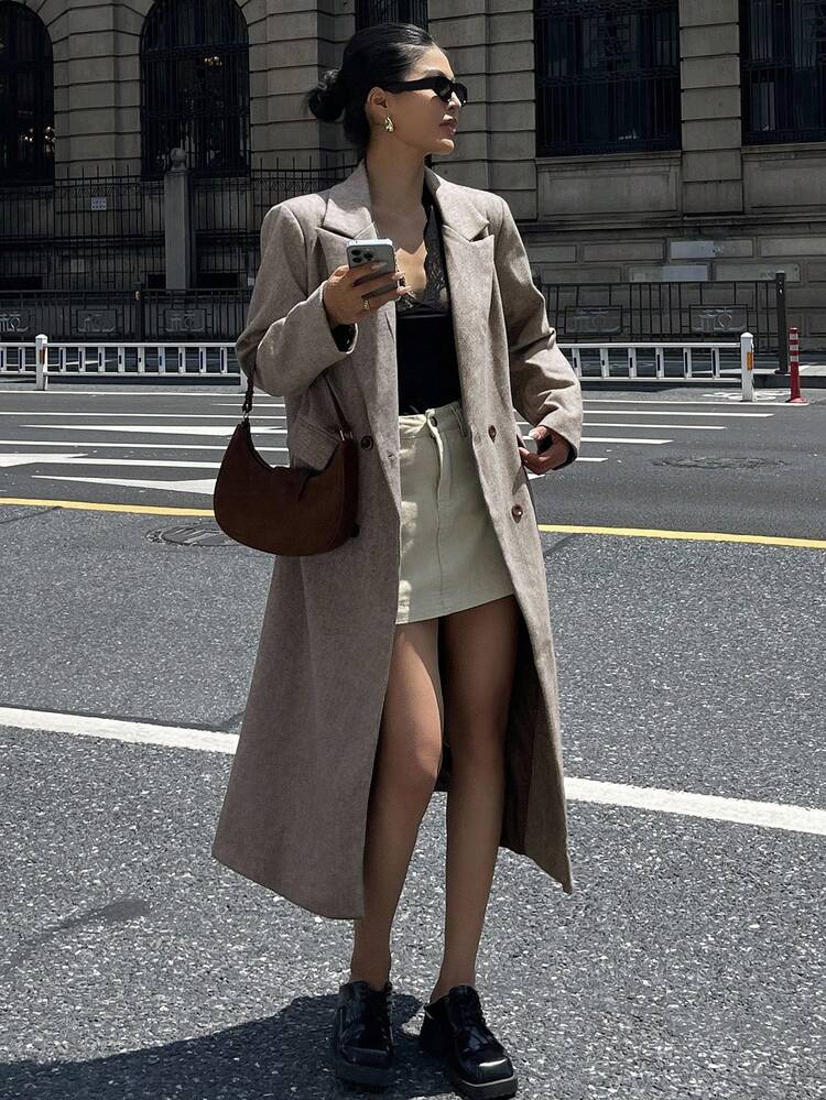 Women's Loose Retro Herringbone Long Sleeve Double-Breasted Pocket Overcoat, Autumn/Winter