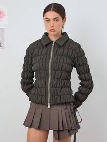 COUREZ Chaqueta acolchada ajustada con fruncidos / Tops de salida lindos de primavera para mujer estilo Y2K - Verde Oscuro - Ver 2