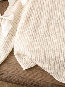 LMoss Kids LMoss Young Girl Solid Color Round Neck Bow Decor Casual Sweater, Fall Sweaters, Young Girl Fall Clothes Stitich Winter - White - View 7
